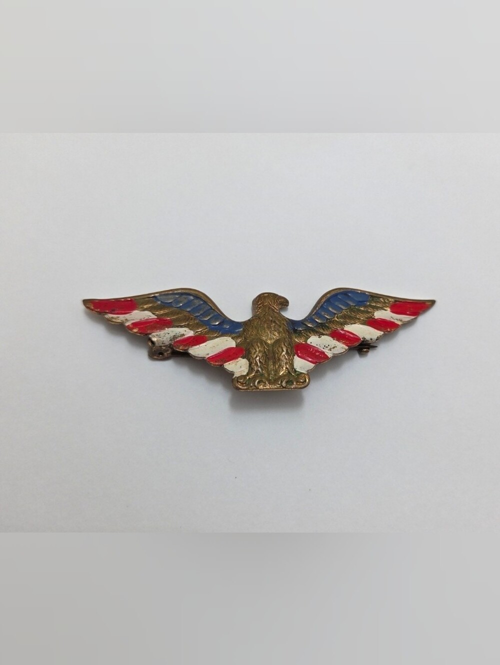 Vintage Ww2 Patriotic American Eagle Brass Brooch Handpainted Red White Blue